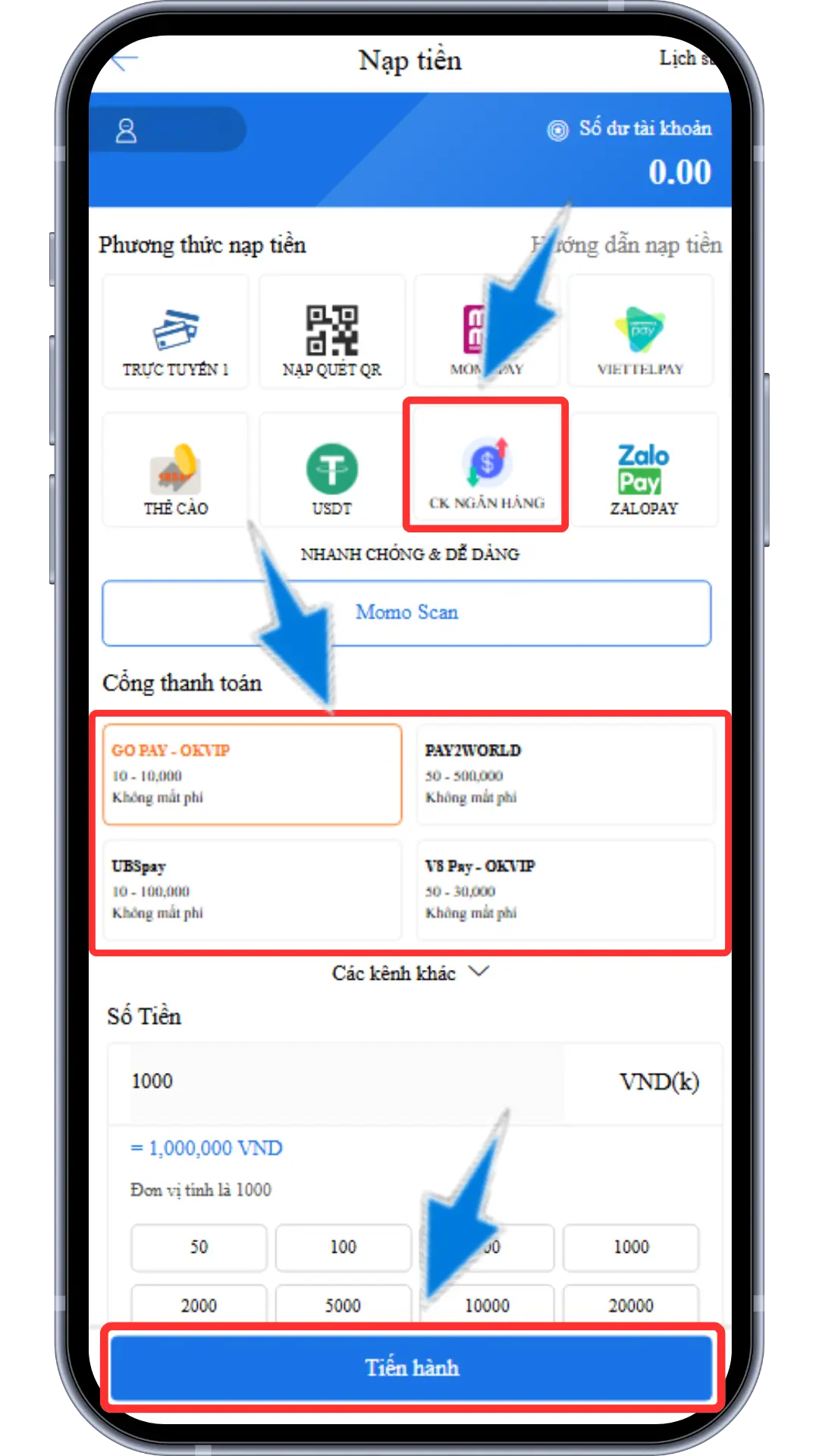 Bước 2: Chọn  CK NGÂN HÀNG => Chọn 1 cống nạp đang hiển thị =>  Điền số điểm muốn nạp => Chọn TIẾN HÀNH